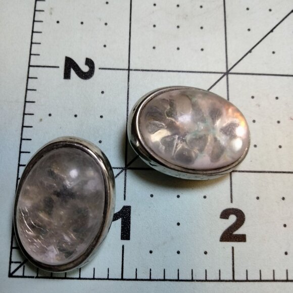 Oval Silver Tone Clip On Earrings Floral Design Eerie Iridescent Whimsygoth - Picture 3 of 5